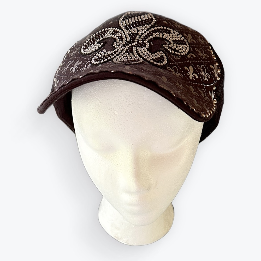 Decky Black Billed Ball Cap Silver Rhinestone Fleur-de-lis Adjustable ~ One Size